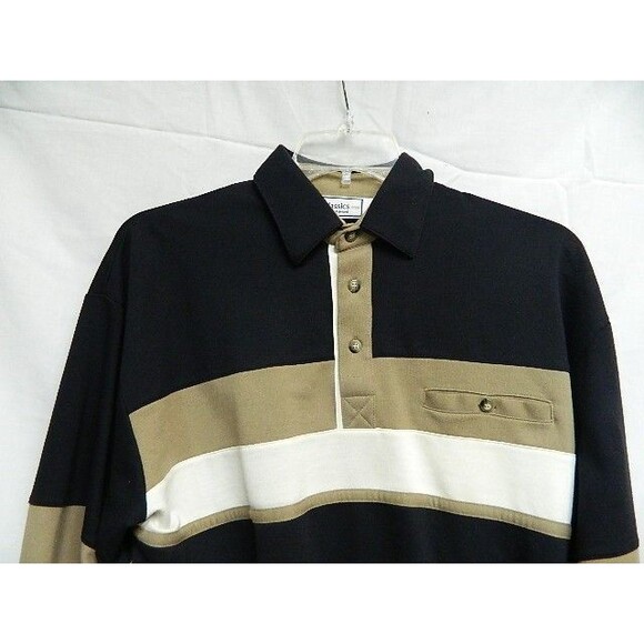 Classics by Palmland Mens Long Sleeve Polo Shirt Size Medium Black Tan & White - Picture 2 of 15